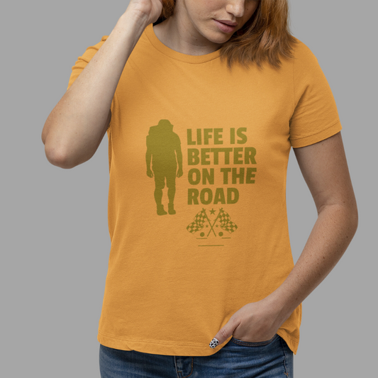 Life is on the Road | Women's Bikers T-Shirt | Golden Yellow