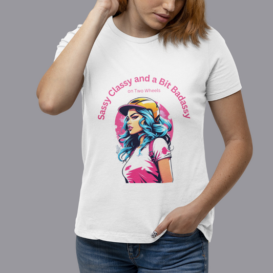 SASSY CLASSY on the Bike |  Women's Bikers T-Shirt | White